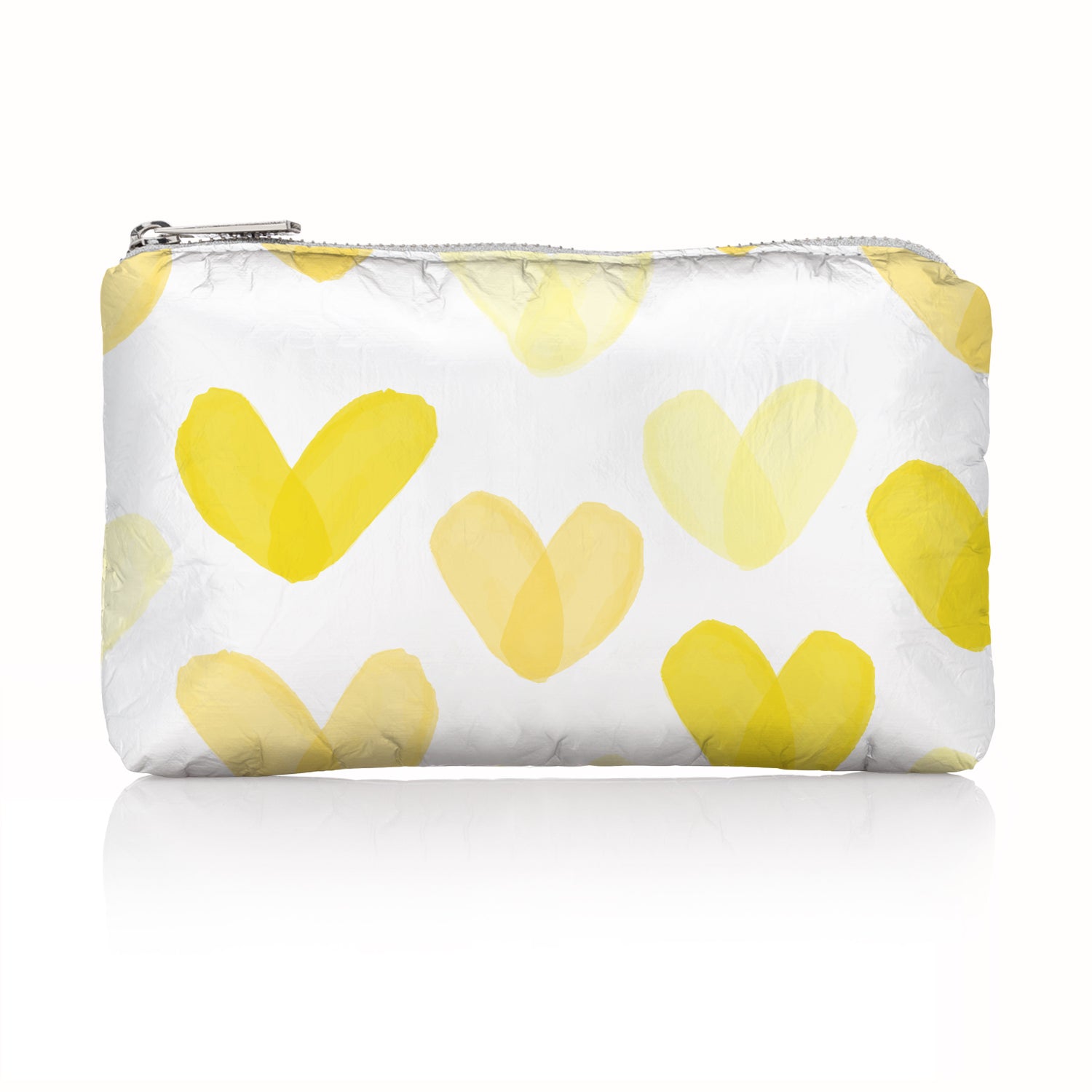 Mini Zipper Pouch with yellow heart print on white background.